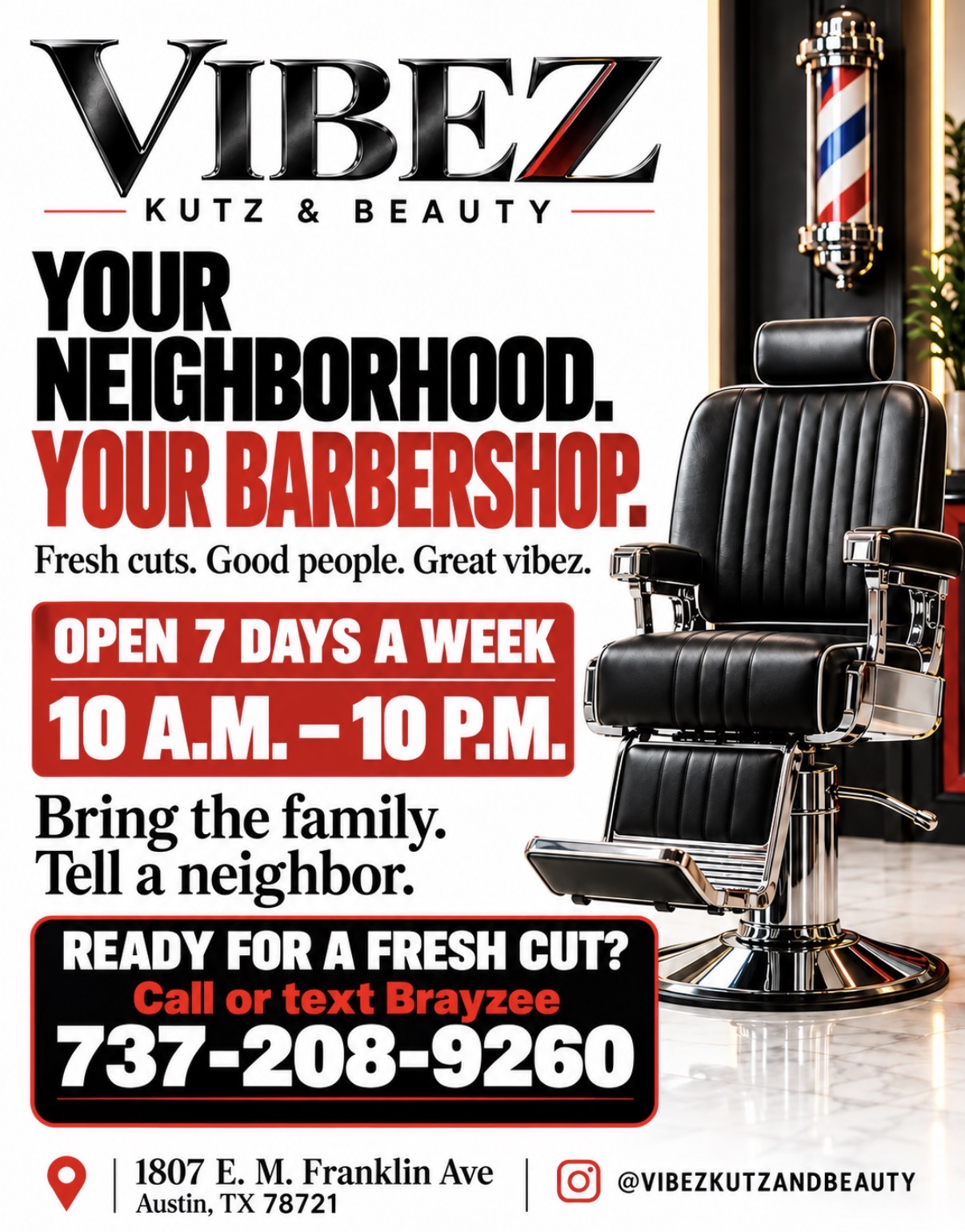 Vibez Kutz & Beauty promotional artwork featuring a black barber chair